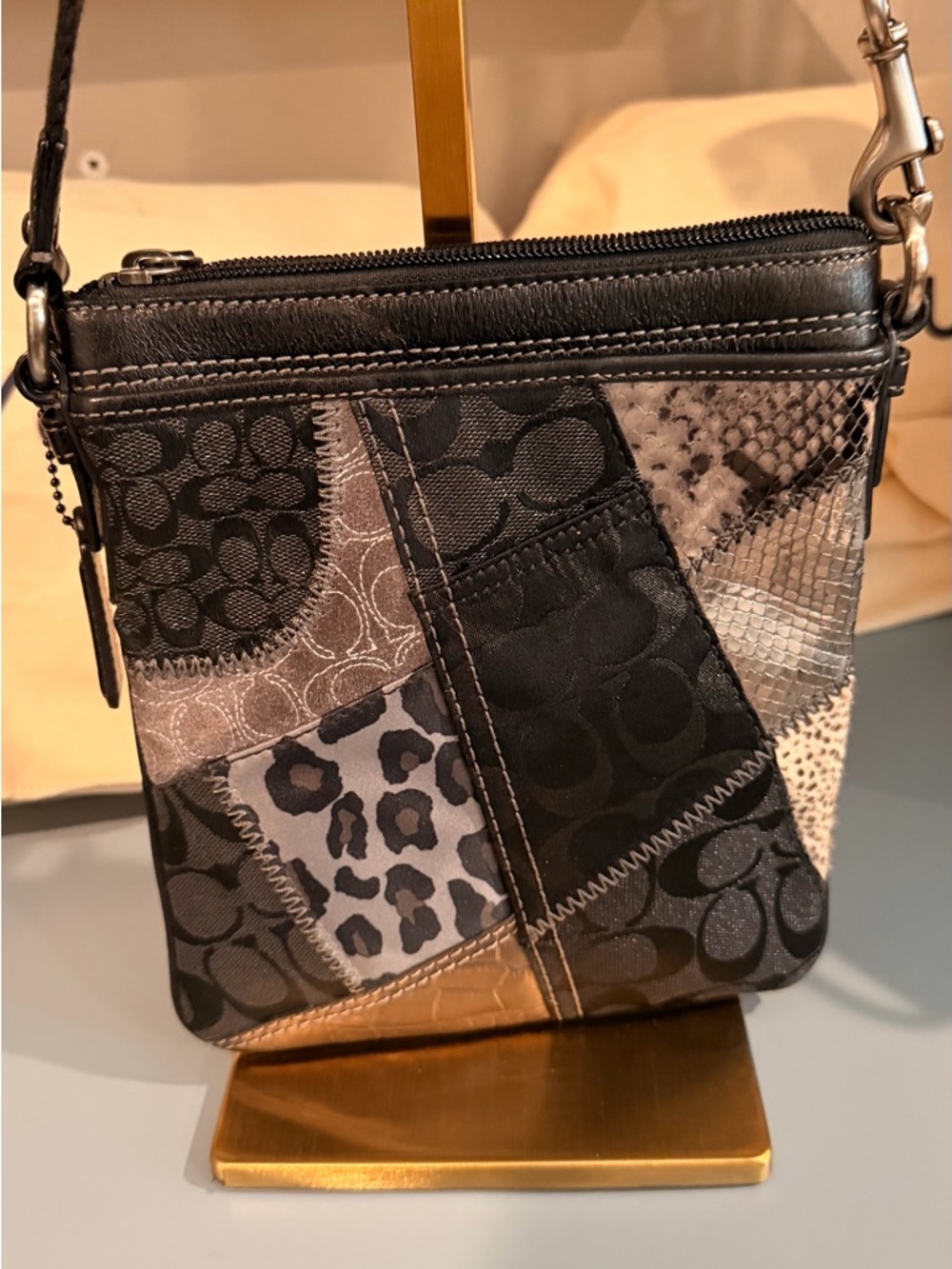 Coach Patchwork Crossbody Bag in Black and Gray Tones
